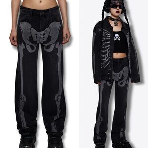 Dolls Kill Trickz N’ Treatz Skeleton Print Baggy Jeans Y2K Goth Denim Sz M